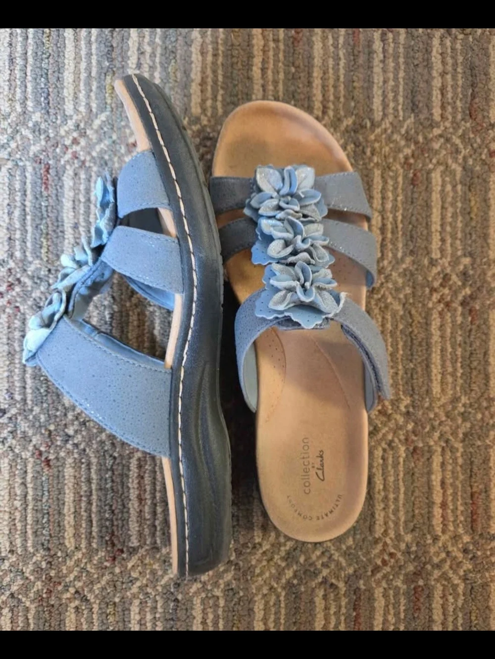 Clarks Women's Light Blue Floral Strap Slide Sandals